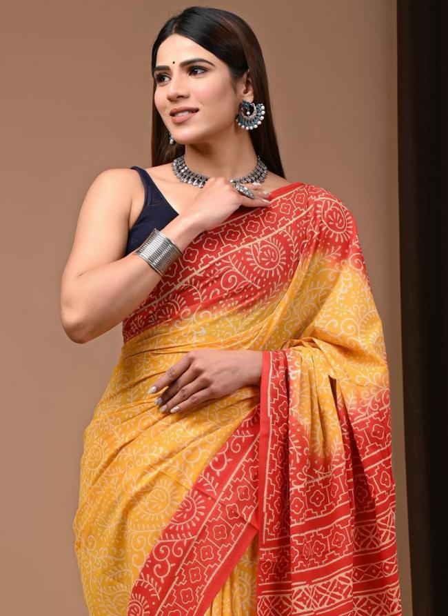 Cotton Yellow Casual Wear Printed Saree